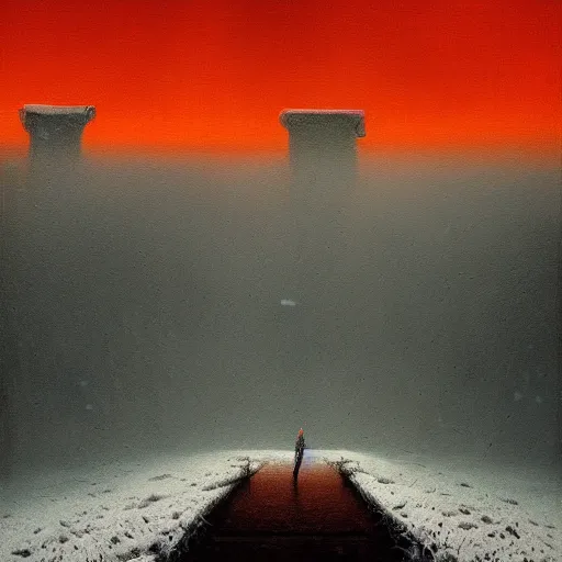 Image similar to a painting of a person standing in the snow, a surrealist painting by beksinski and by alena aenami, deviantart, nuclear art, dystopian art, apocalypse landscape, surrealist