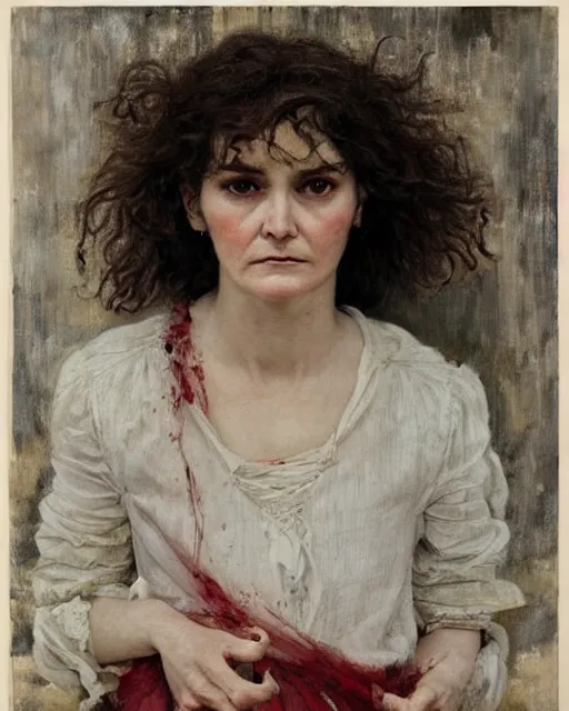 Image similar to a beautiful but sinister girl who looks like shirley henderson in layers of fear, with haunted eyes and curly hair, 1 9 7 0 s, seventies, delicate embellishments, a little blood, crimson, painterly, offset printing technique, by jules bastien - lepage