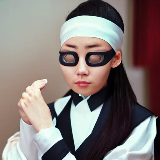 Image similar to chinese woman, odango ponytails, wearing eyepatch, formal uniform