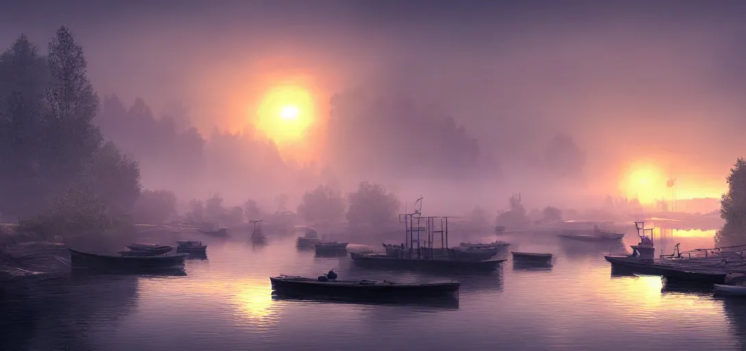 Image similar to concept art of a peaceful fishing village on a river in finland, dawn, atmospheric, hazy