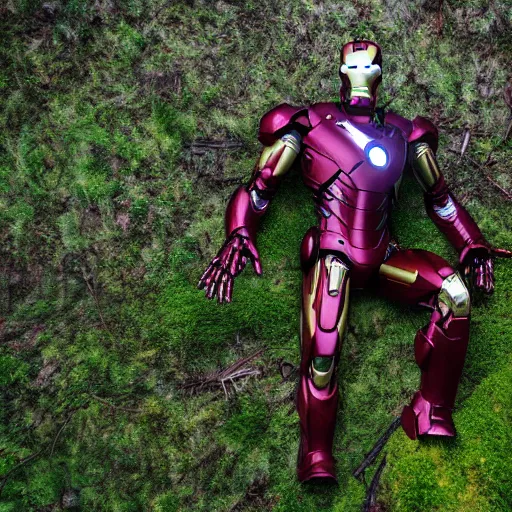 Image similar to abandoned iron man suit in the middle of the forest, overgrown by moss, 4k realistic photo