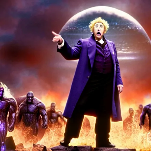 Image similar to film still, gene wilder as thanos in avengers end game, cinematic, epic action