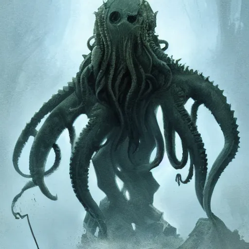 Image similar to a boy confronting cthulhu, by greg rutkowski