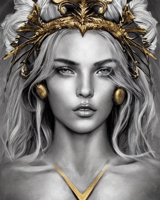 Image similar to tattoo design sketch of hot blonde super model as aphrodite greek goddess wearing a gold laurel wreath and triangle earrings, beautiful piercing gaze with sharp pupils, in the style of greg rutkowski, fantasy, amazing detail, epic, elegant, smooth, sharp focus, front view