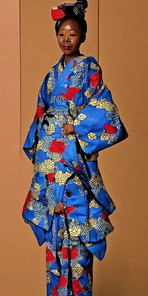 Prompt: “African-Japanese woman wearing a kimono. Kimono has African print.”