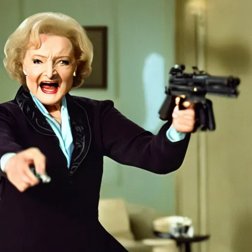 Prompt: movie still of Betty white playing 007 in James Bond, 4k, ultra high res, f/2.8, anthromorphic
