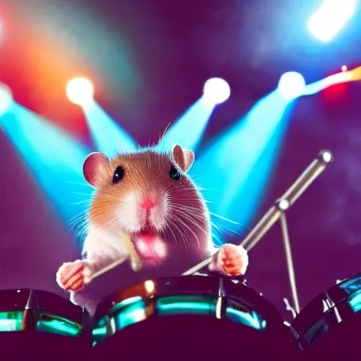 Image similar to a hamster playing drums on a stage in a small club, red and blue stagelights, photorealistic