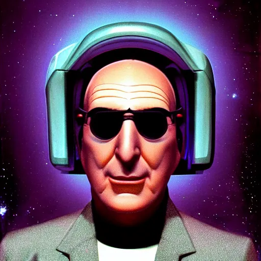 Image similar to celestial Larry David, facial portrait, retro-futuristic, legendary epic shot, 90s make-up, galaxy space hunter, cyber implants, wires, low angle, dawn, by syd mead , airbrush, science fantasy, 90s ad, concept art, realistic matte painting, Smooth gradients, octane render, 8k, High contrast, duo tone, depth of field, volumetric lightning, very coherent, symmetrical, skin pore detail