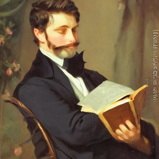 Prompt: Highly detailed oil painting of a cat wearing as gentleman reading a book, 19th century oil on canvas, by Franz Xaver Winterhalter, 8k