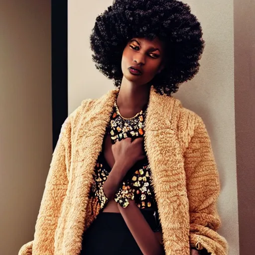 Prompt: black fashion model with afro, standing at black wall, official valentino editorial, highly detailed