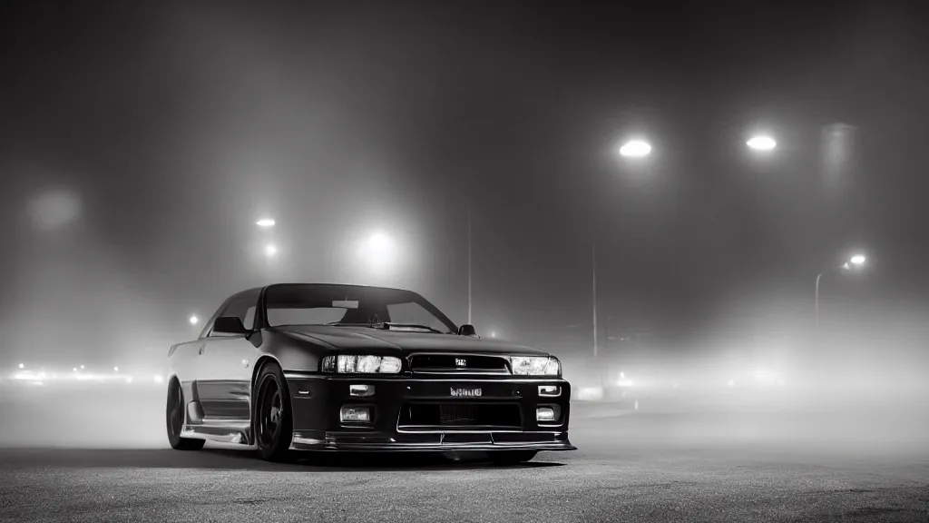 Image similar to a 1 9 9 4 black nissan skyline gt - r v - spec ii, cinematic, nikon d 7 5 0, long exposure, white balance, 8 k, led, lumen global illumination, fog, ray tracing reflections, fxaa, rtx, post - production