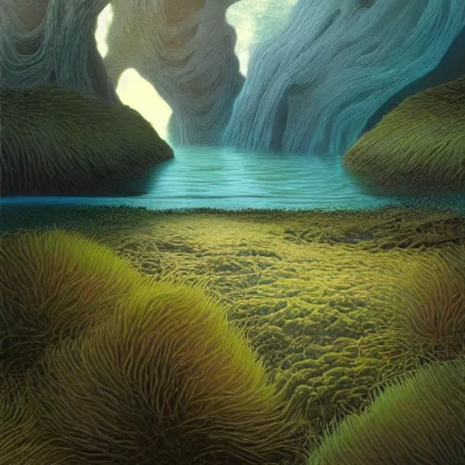 Image similar to artistic digital artwork of a lush natural scene on an alien planet. beautiful landscape by lurid ( 2 0 2 2 ), michael whelan, remedios varo, gerardo dottori. weird vegetation. cliffs and water. grainy and rough. interesting pastel colour palette. beautiful light. oil and water colour based on high quality render.