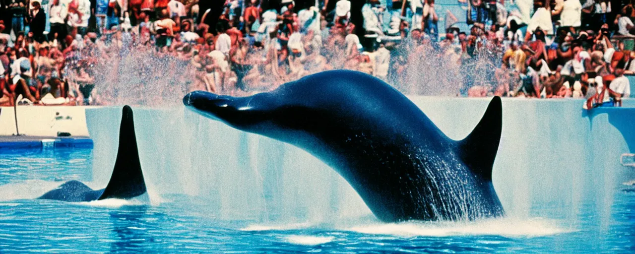 Image similar to shamu whale at sea world playing with spaghetti, water splashing,, small details, intricate, sharply focused, canon 5 0 mm, wes anderson film, kodachrome