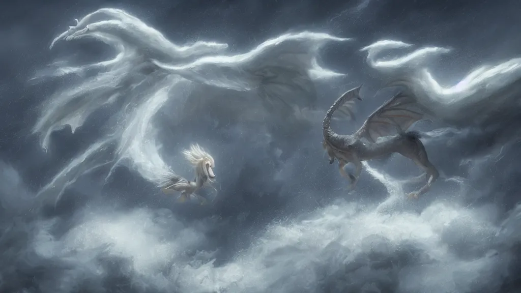 Prompt: falcor the long - bodied luck dragon flying through an epic storm called the nothing. the neverending story. rutkowski. melancholy undertones. deviantart. artstation. 3 8 4 0. 2 1 6 0.