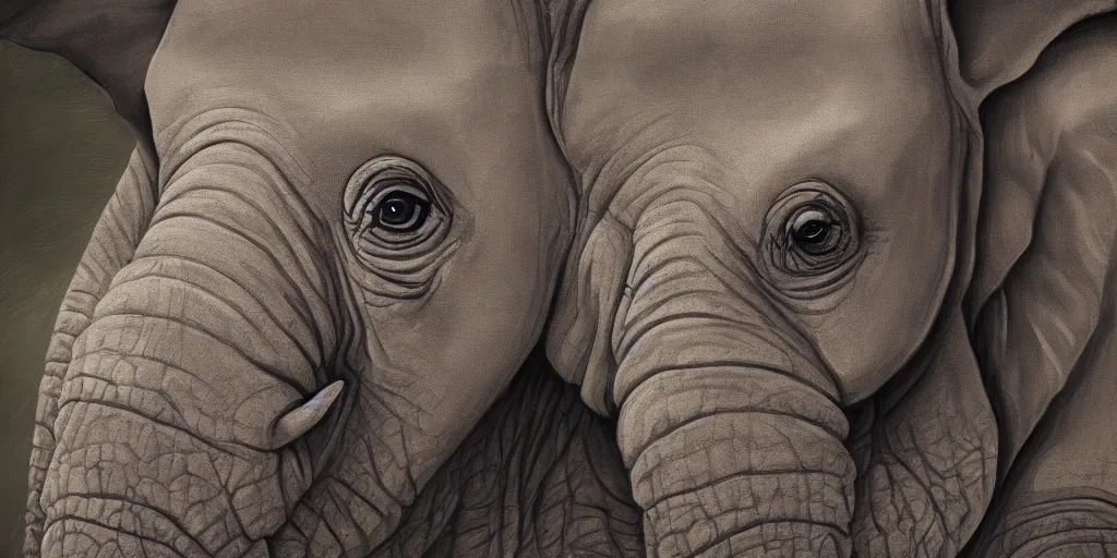 Prompt: expressive painting of a baby tortoise elephant rhino, obfuscate light, intricate, captivating eyes, delicate, classicism style, intricate details, digital art, portrait, 8 k resolution