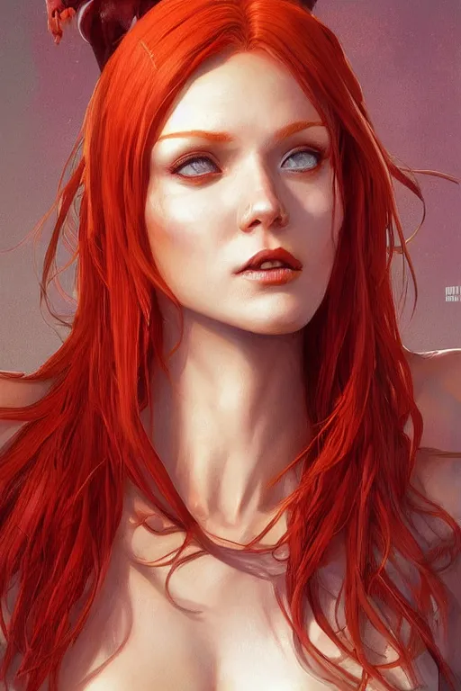 Image similar to Redhead alien human beautiful hybrid feminine woman as a heroine, digital painting, artstation, concept art, smooth, sharp focus, illustration, art by artgerm and donato giancola and Joseph Christian Leyendecker, Ross Tran, WLOP