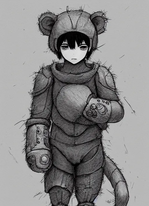 Image similar to beautiful little boy wearing an cyborg bear suit, artwork in kentaro miura and made in abyss and rosdraws, smooth, beautiful lightness, anatomically correct, trending on pixiv, forest