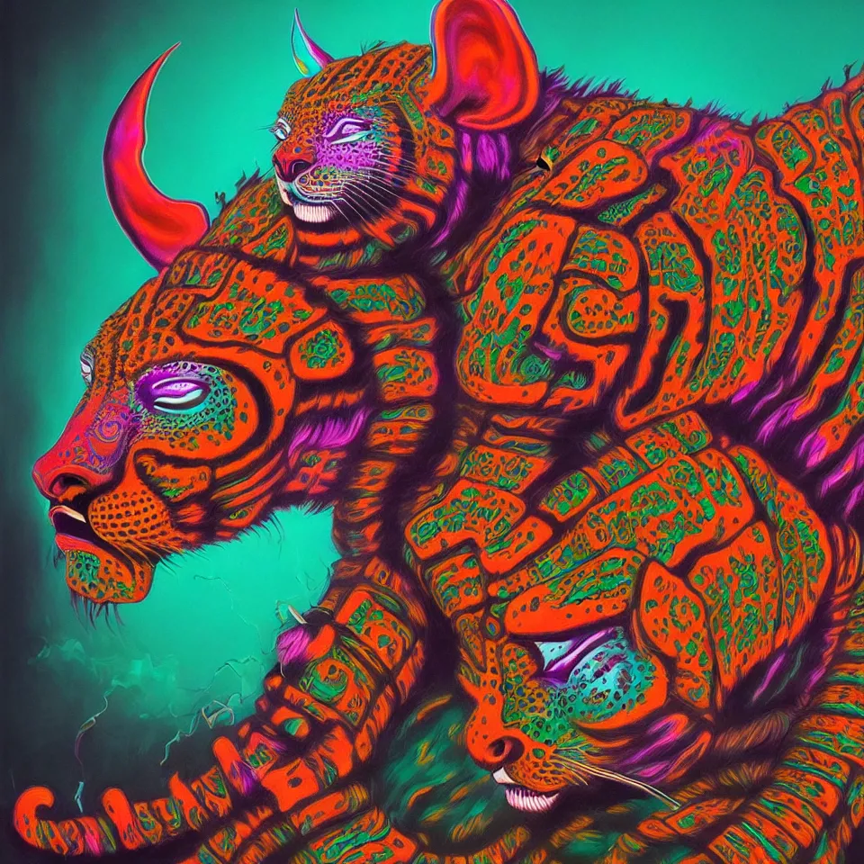 Image similar to bright psychedelic empty apartment, mayan jaguar warrior sleeping, diffuse lighting, fantasy, intricate, elegant, highly detailed, lifelike, photorealistic, digital painting, artstation, illustration, concept art, smooth, sharp focus, art by francis bacon