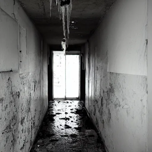 Image similar to dark hallway, dim lighting, water dripping from ceiling, broken walls