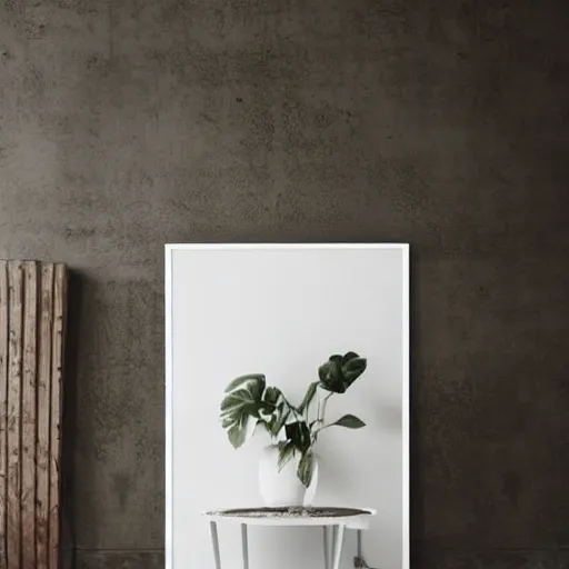 Prompt: a minimalist mockup photo with large blank frame, in a white clean boho style interior, all smooth white walls, trending on pinterest