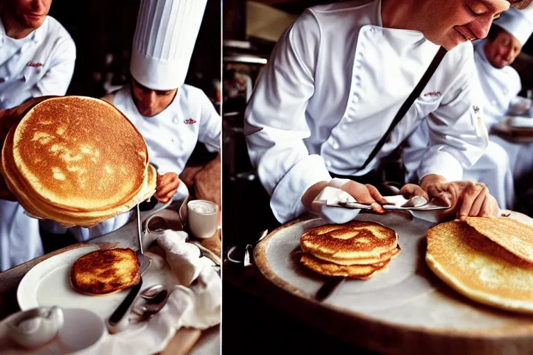Image similar to closeup potrait Dutch chefs impressing french peasants with superior pancakes, natural light, sharp, detailed face, magazine, press, photo, Steve McCurry, David Lazar, Canon, Nikon, focus