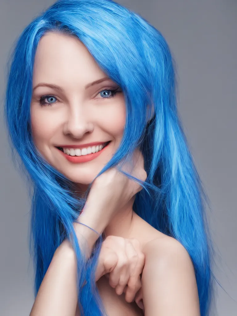 Image similar to Portrait of a woman with blue hair smiling, ultra-realistic, HD, headshot