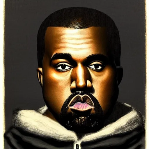 Image similar to a portrait of Kanye West in the style of Francisco Goya, dark, creepy, high contrast, nihilistic
