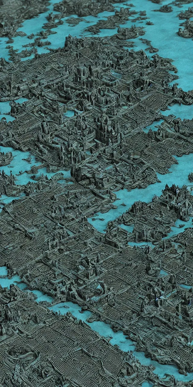 Prompt: an exquisite metallic 3 d map of a lost city of castles, black and teal, intricate, highly detailed, epic, marginalia, unreal engine