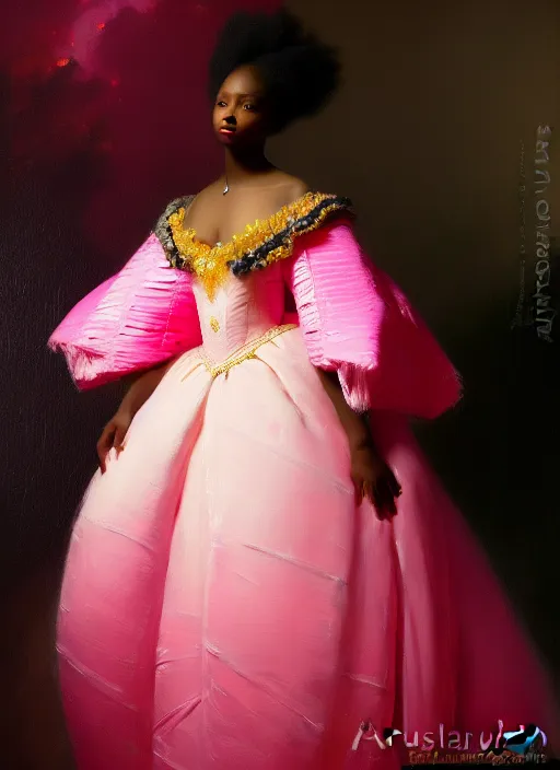 Image similar to stunning african princess, detailed pink and white protea inspired gown against a black backdrop by ivan aivazovsky, wlop, oil painting, beautiful soft lighting, vintage, rococo, muted colours, artstation