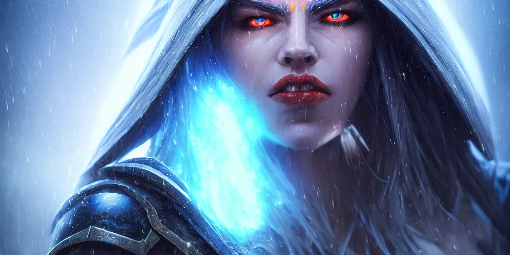 Image similar to hyperrealist distant portrait of sylvanas windrunner on a blue planet spectrum rain. by bayard wu, fantasy, spectrum photorealistic, octane render, unreal engine, dynamic lighting, trending on artstation, poster, volumetric lighting, very detailed faces, 4 k, award winning