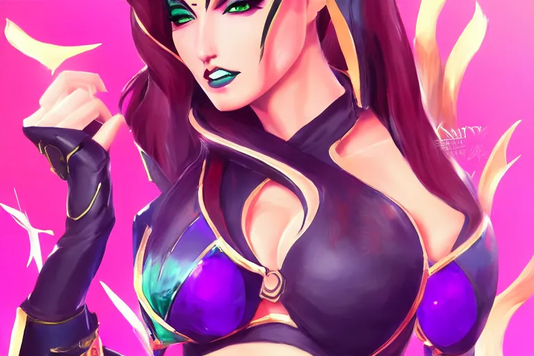 Image similar to portrait of k / da akali from league of legends, high quality 2 d art by kenny kong, artstation