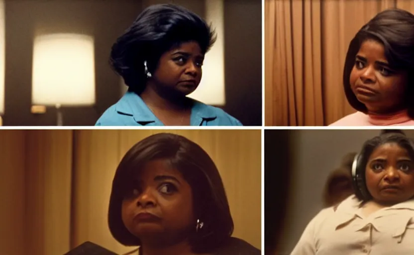 Image similar to cinematic shot from a 1 9 8 5 paranoid thriller, screenshot of octavia spencer removes a hearing device from her ear, in the near future, film directed by stanley kubrick, color theory, apartment design, leading lines, photorealistic, volumetric lighting