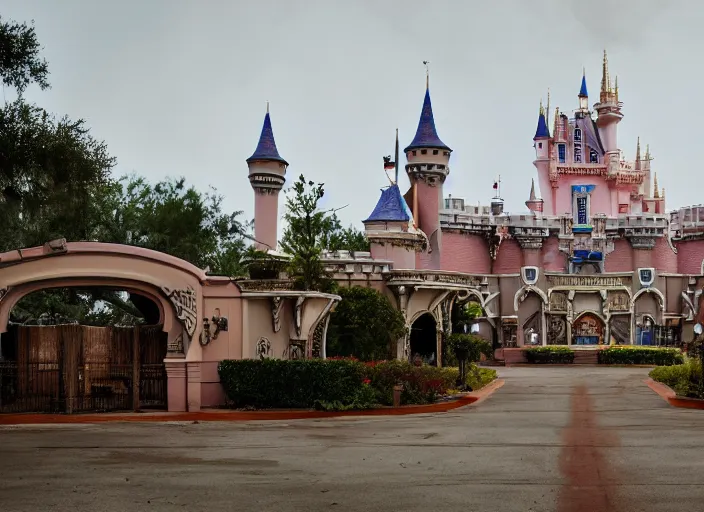 Prompt: cinematic shot of the outside of the Disney world park, shut down, abandoned, Florida, out of business, castle is falling apart and rusted, got shut down, kids place, liminal spaces, backrooms, empty, overgrown with weeds, crumbling, destroyed castle, completely obliterated, Disney world, theme park, dusty, Detroit, horror game, ugly, Disney, old and dirty, water damage, garbage everywhere, landfill