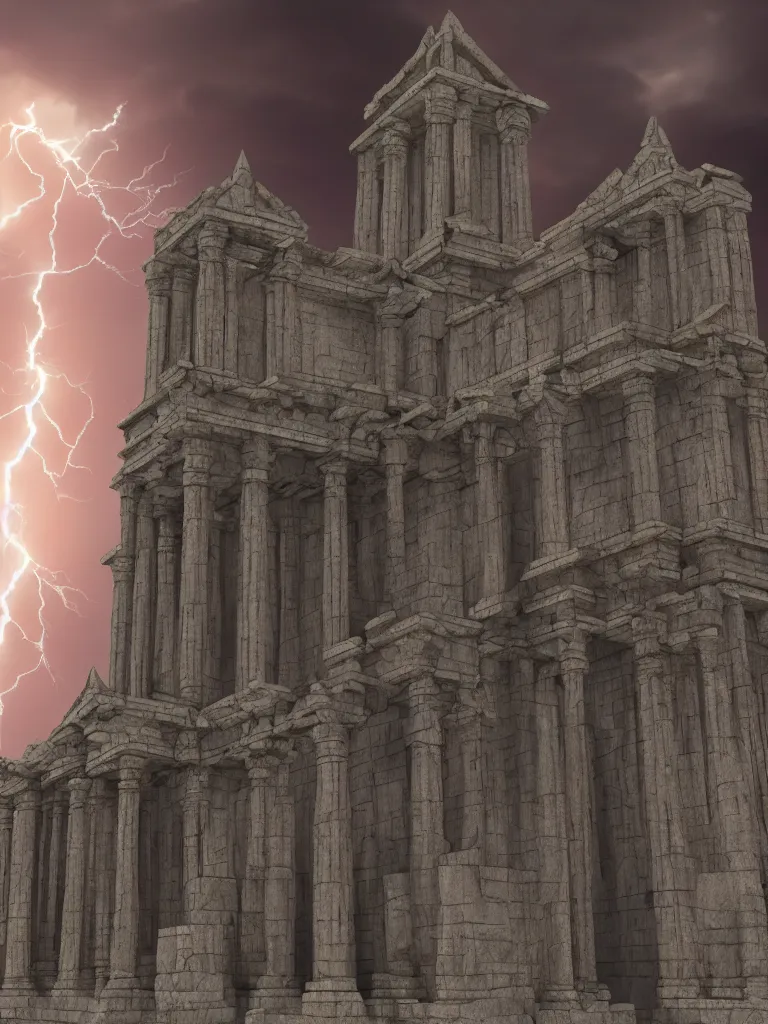 Image similar to High quality render of temple of sorrows, 8K, symmetry, volumetric lightning