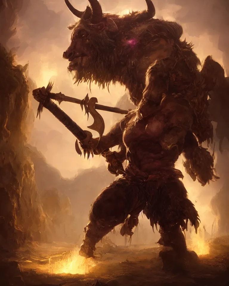 Prompt: portrait of a fantasy barbarian minotaur with giant horns, golden nose ring, purple fungal organic prosthetic arm, wielding an axe with a bone handle, glowing aura, 4 k, concept art, matte painting, greg rutkowski, artstation