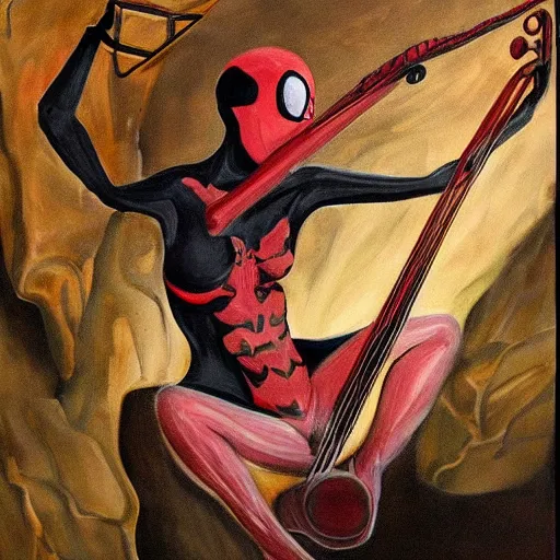 Image similar to incredible masterful painting of a spider woman ( female torso, spider legs ) in a cave upside down playing a violin, scary