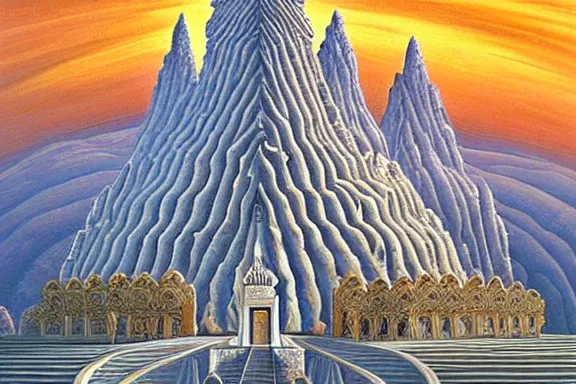 Prompt: the temple of truth is white, whole, holy and beautiful, but is surrounded by a crater of ruin and desolation. it's spire reaches up to the heavens and is topped with a gold statue. | painting by rob gonsalves. intricate detail. stark contrast. landscape painting