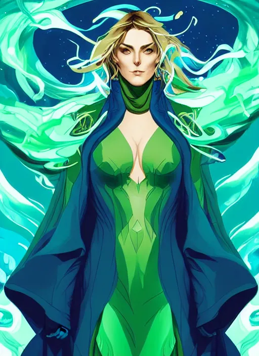 Image similar to style artgerm, joshua middleton, elizabeth hurley as a mage wearing green pelt robes, blue hair, swirling water cosmos, fantasy, dnd, cinematic lighting