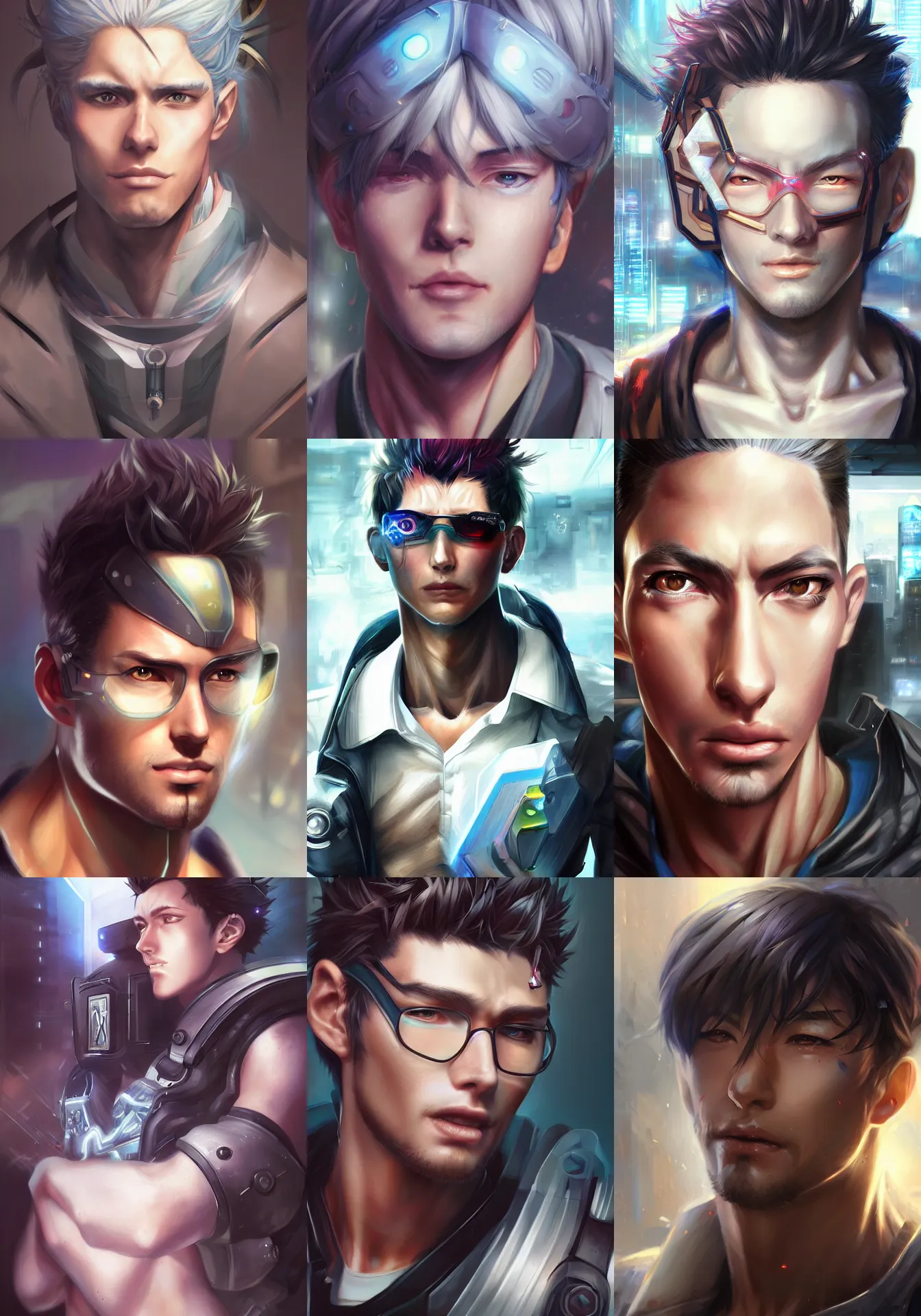 Prompt: A realistic anime portrait of a ruggedly handsome young cyberpunk man with cybernetic implants, digital painting, by Stanley Artgerm Lau, Sakimichan, WLOP and Rossdraws, digtial painting, trending on ArtStation, SFW version