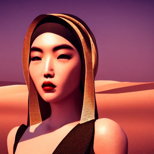 Image similar to innovative avant-garde art, deco fashion, asian women, highly detailed, photorealistic portrait, serene desert setting, golden hour, crisp quality and light reflections, unreal engine 5 quality render