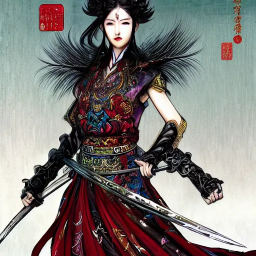 Image similar to An epic fantasy comic book style portrait painting of a gorgeous sword dance Chinese costume woman , by WLOP trending on artbreeder, long hair, smoke, feathers flying, flowers rain everywhere, full body XIANXIA, Chinese temple, depth of field by Yoji Shinkawa 4k