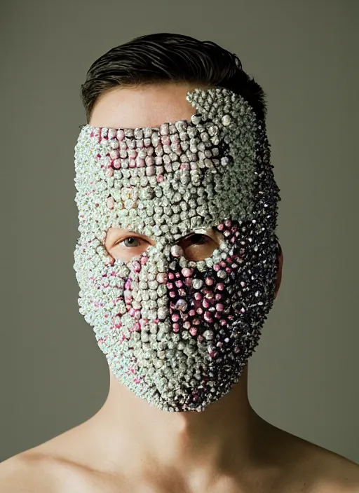 Image similar to a fashion portrait photograph of a man wearing a mask made of small spheres designed by balenciaga, 3 5 mm, pastel, color film camera,
