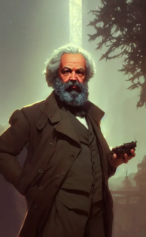 Image similar to highly detailed portrait of karl marx in gta v, stephen bliss, unreal engine, fantasy art by greg rutkowski, loish, rhads, ferdinand knab, makoto shinkai and lois van baarle, ilya kuvshinov, rossdraws, tom bagshaw, global illumination, radiant light, detailed and intricate environment