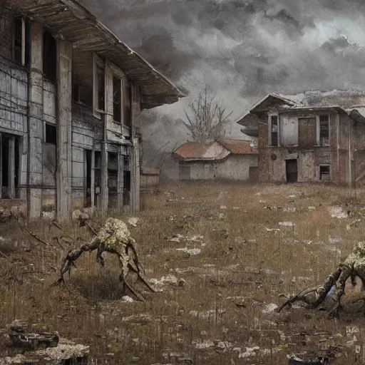 Image similar to painting of a abandoned post soviet town infested with humanoid root monsters by jakub rozalski