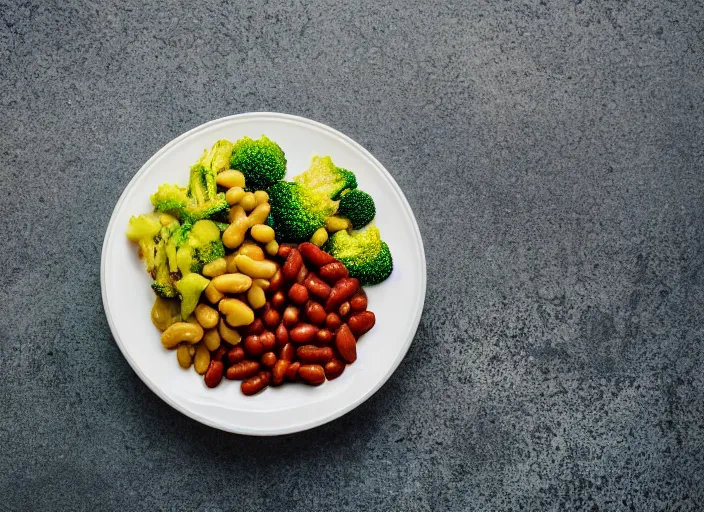 Image similar to food photo still of frozen yogurt topped with baked beans and broccoli, 8 5 mm f 1. 8 studio lighting