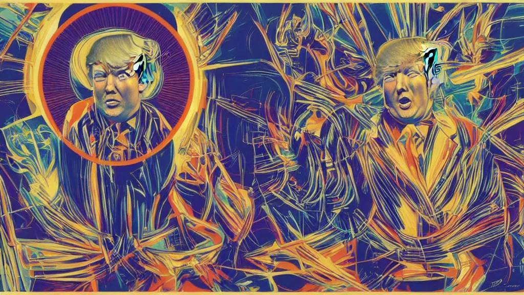 Image similar to donald trump apotheosis in the style of syd mead and alex grey