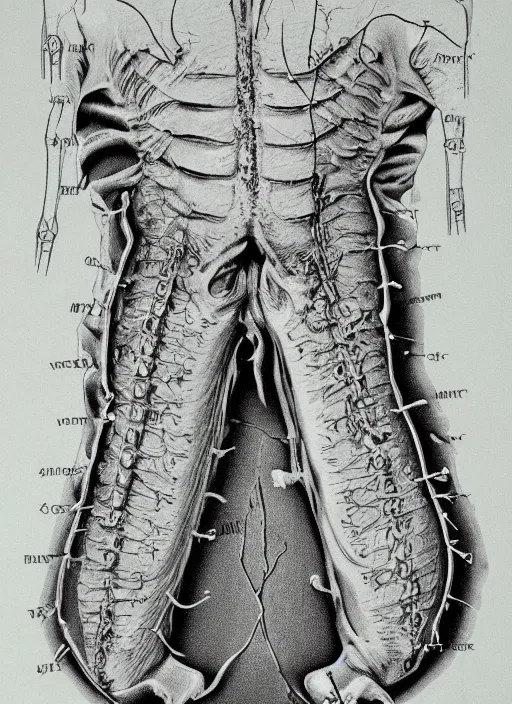 Image similar to vintage medical anatomical illustration of pinhead from hellraiser ( 1 9 8 6 ), highly detailed, labels, intricate writing