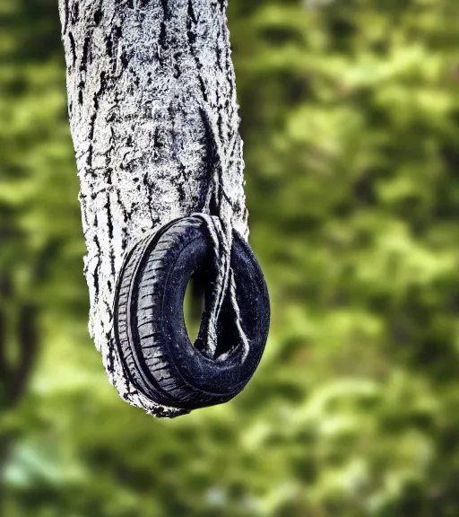 Image similar to sad rubber tire hanging from a tree from a noose