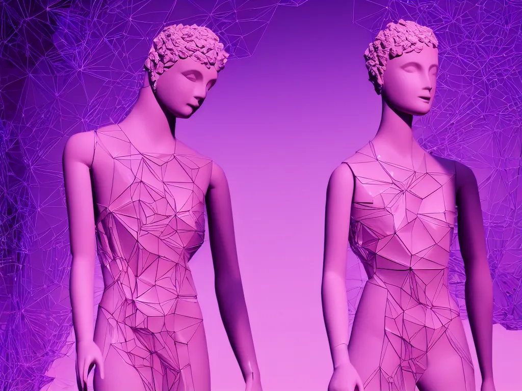 Image similar to beautiful mannequin sculpted out of amethyst by billelis + lit with 3 d geometric neon + facing a doorway opening with neon pink geometric fractal light + flowering hosta plants!!!, moon + city of los angeles in background!! dramatic, rule of thirds, award winning, 4 k, trending on artstation, photorealistic, volumetric lighting, octane render