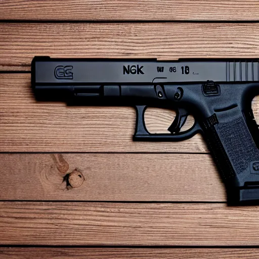 Prompt: a medium shot photograph of a glock 18 on a wooden background